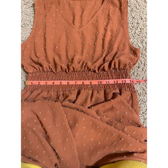 Burnt Orange Swiss Dot Shirred A-line Dress, size L - Picture 6 of 9